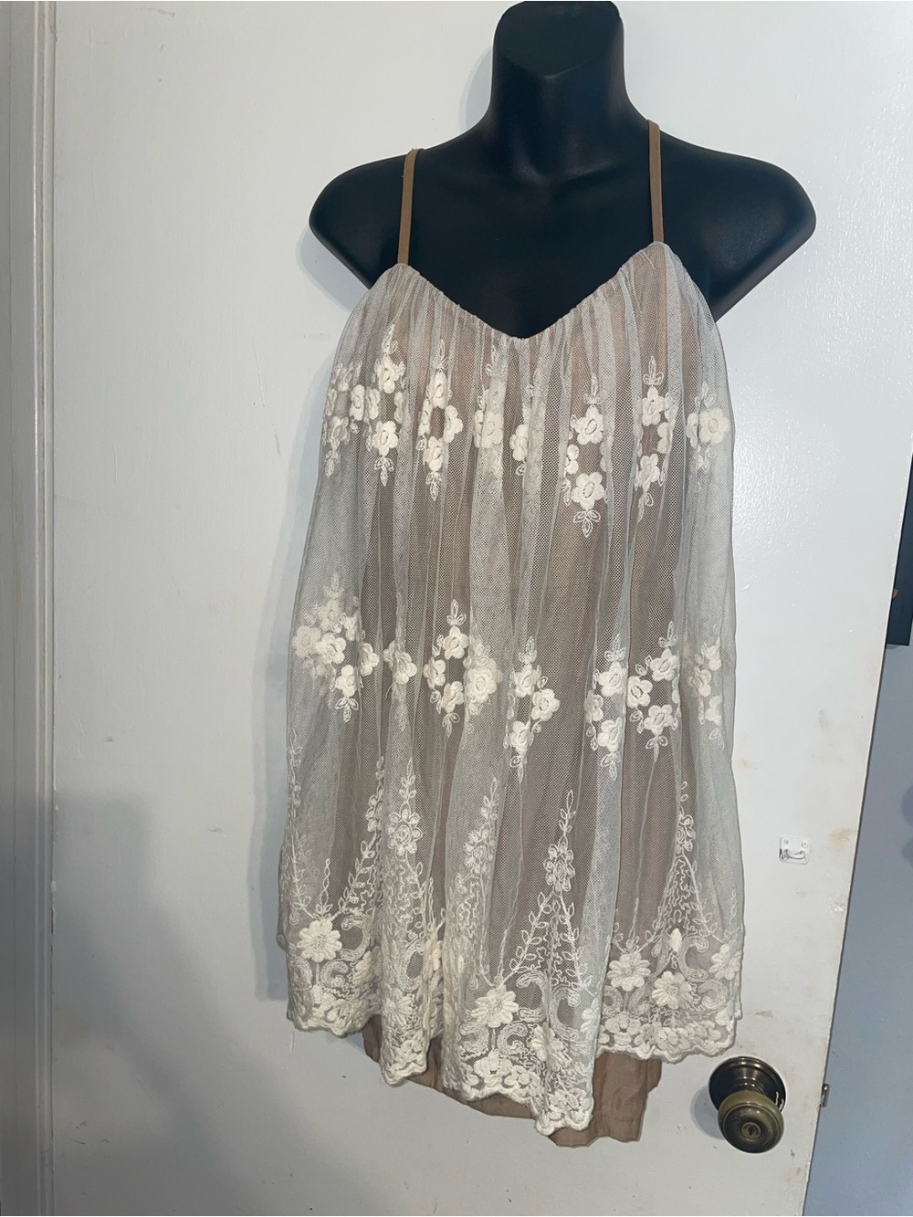 Sheer Lace Overlay Slip  blouse in Taupe and Ivory